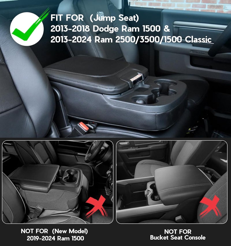 Sinvanho Store Center Console Cover for 2013-2018 Ram 1500 & 2013-2024 Dodge Ram 2500/3500/1500 Classic Model, PU Leather Armrest Cover Middle Console Cover Accessories with Hidden Pockets, Jump Seat Only - Image 2